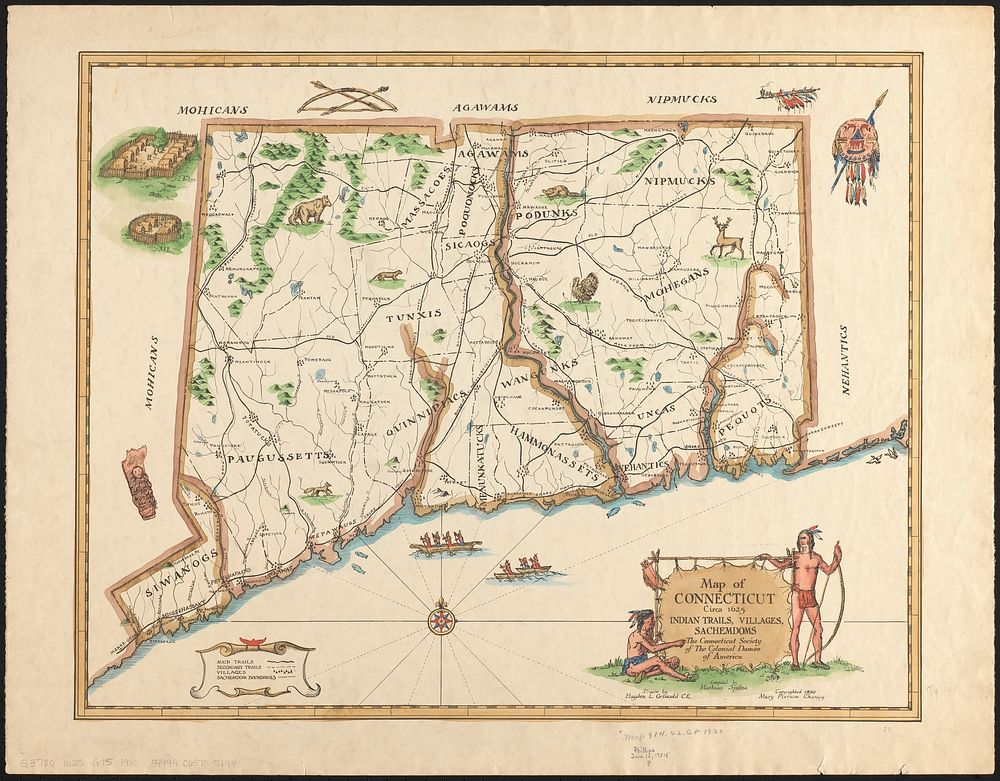             Map of Connecticut, circa 1625, Indian trails, villages, sachemdoms          