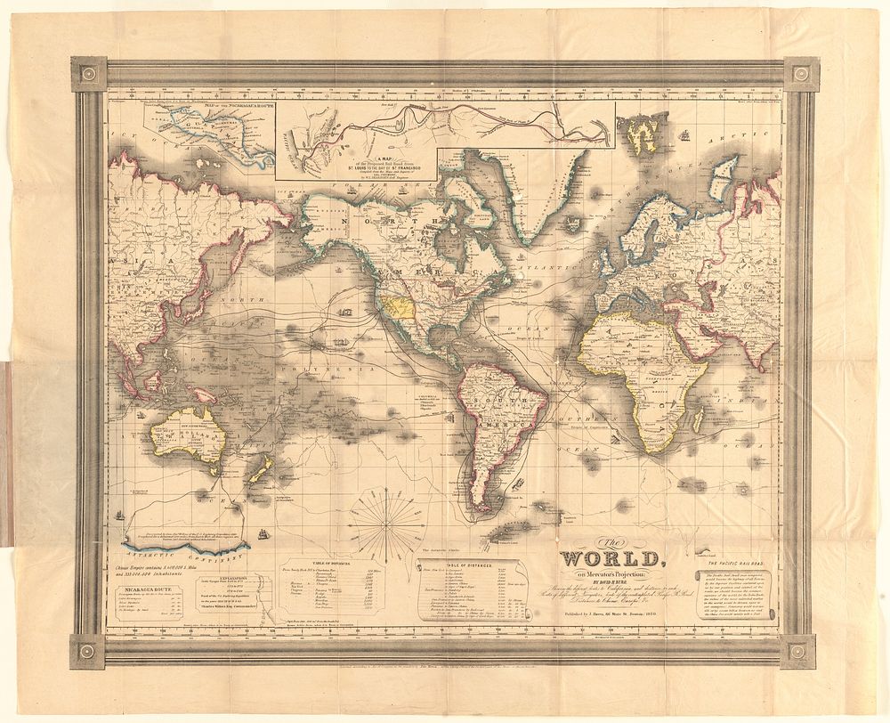             The world, on Mercator's projection : showing the different routes to California, and distance by each; routes…