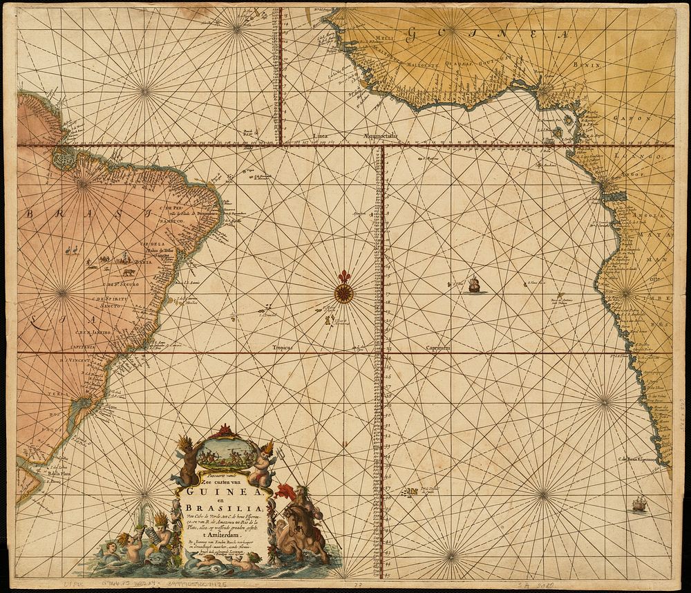             Pascaarte vande zee custen van Guinea, en Brasilia : van Cabo de Verde, tot C. de bona Esperanc̨a : van R. de…
