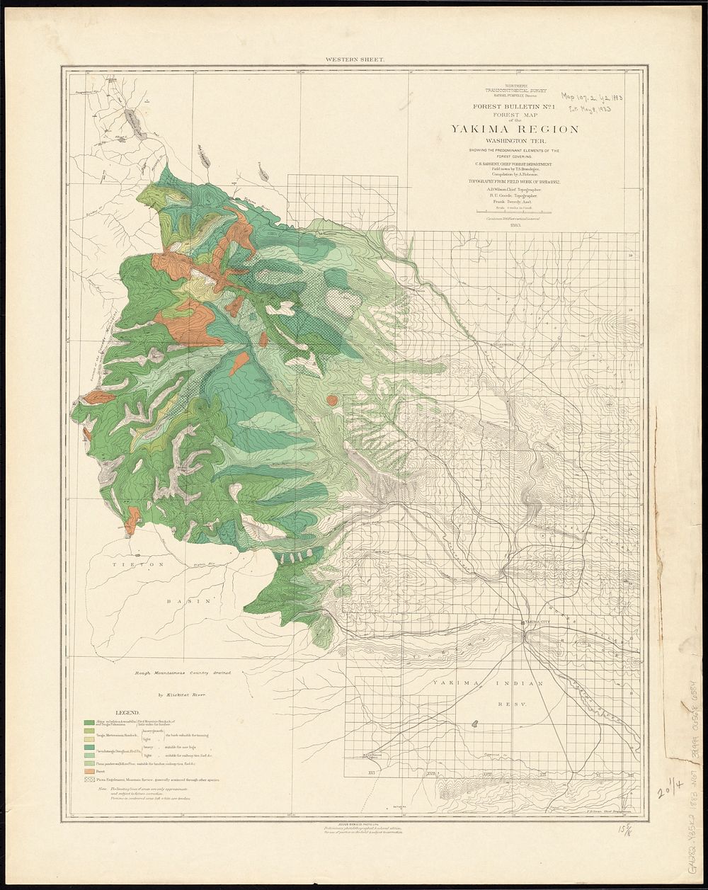             Forest map of the Yakima Region, Washington Ter. showing the predominant elements of the forest covering        …