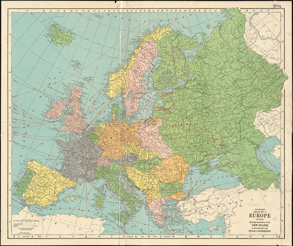             Hammond's enlarged map of Europe of to-day showing boundaries of the new states as determined by the peace…