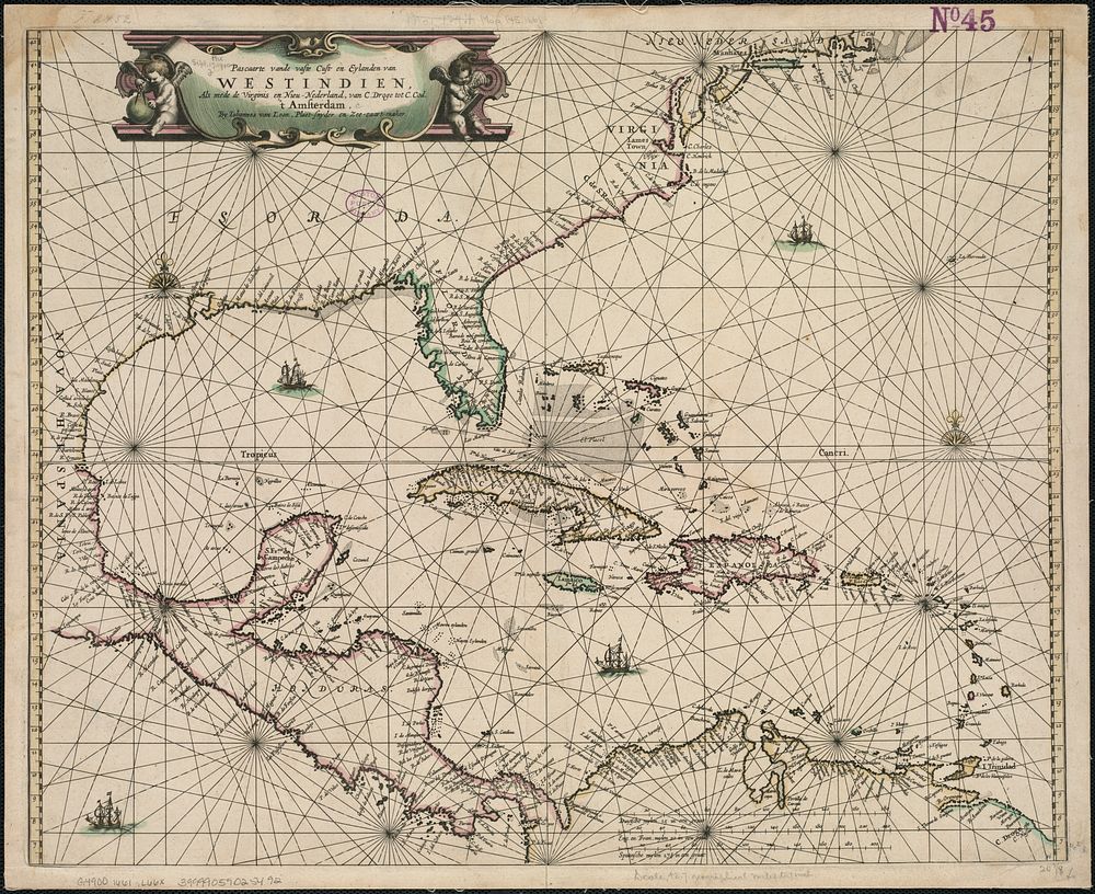             Pascaarte vande vaste cust en eylanden van Westindien, als mede de Virginis en Nieu-Nederland, van C. Droge tot…