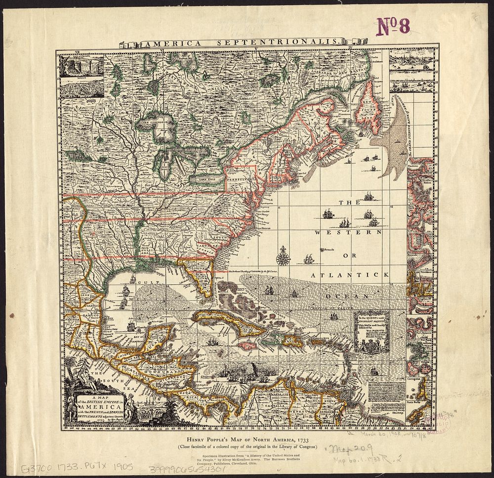             A map of the British Empire in America with the French and Spanish settlements adjacent throughout          