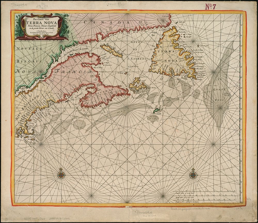             Pas-caert van Terra Nova, Nova Francia, Nieuw-Engeland en de groote rivier van Canada          