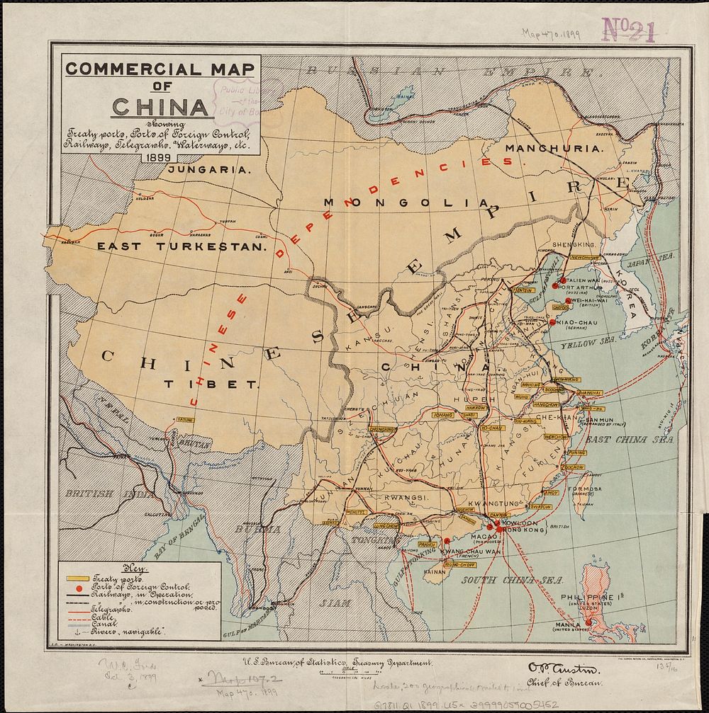             Commercial map of China : showing treaty ports, ports of foreign control, railways, telegraphs, waterways, etc.…