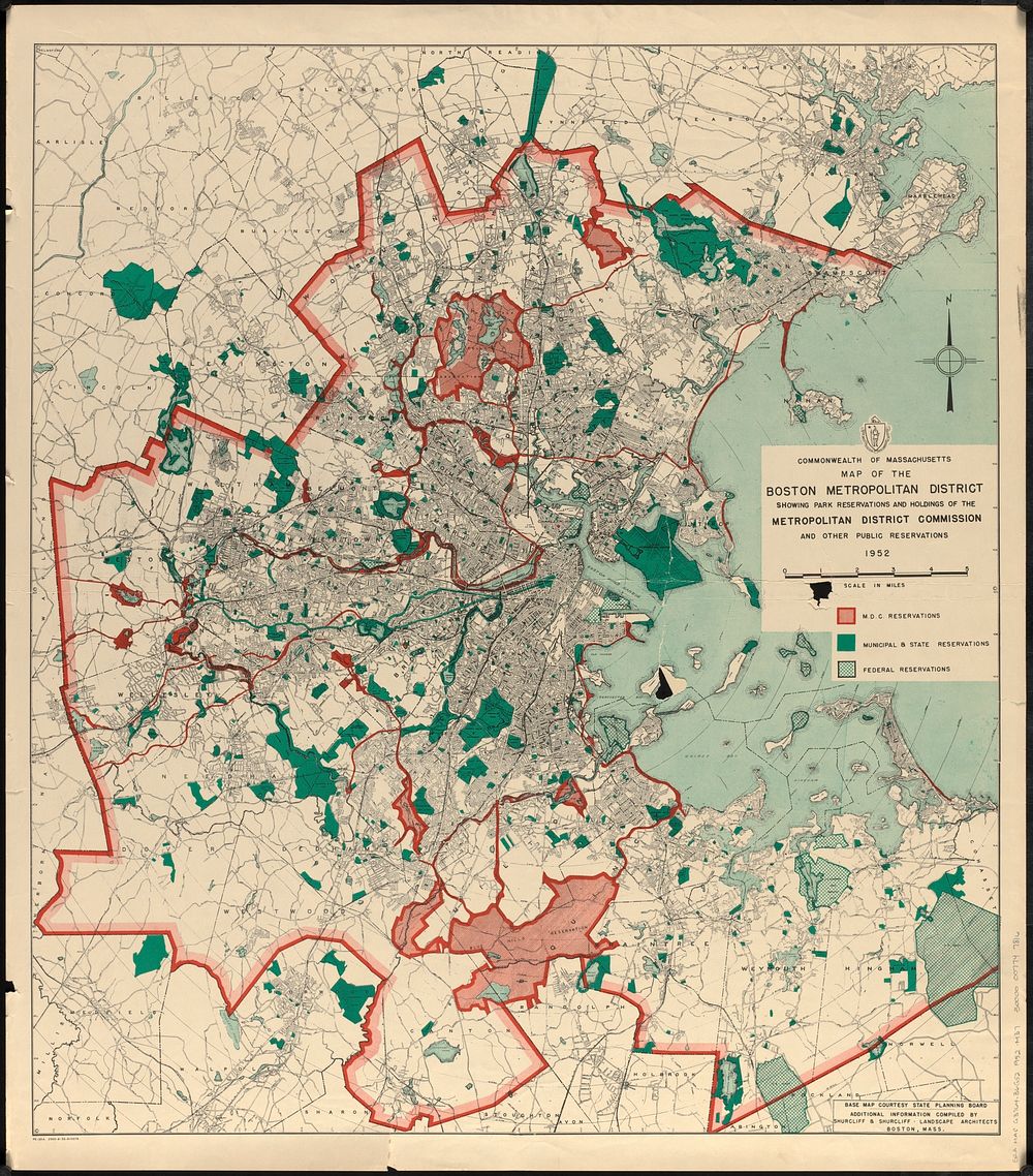             Map of the Boston Metropolitan District showing park reservations and holdings of the Metropolitan District…