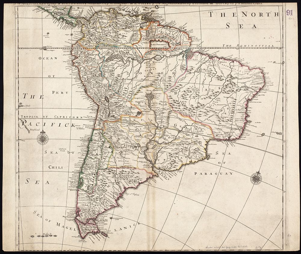             South America divided into its IIII principall parts : I Spanish part: vizt. Firmland, Guiana, Peru, Chili, pt…