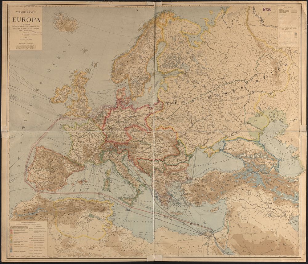             Verkehrs-karte von Europa : übersichts grösserer eisenbahnverbindungen, telegraphen und überseeischer…