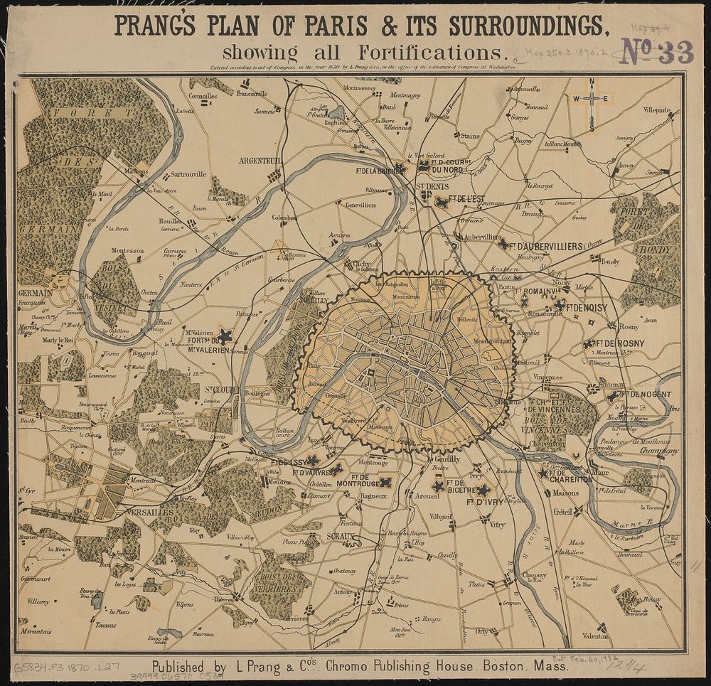             Prang's plan of Paris & its surroundings, showing all fortifications          