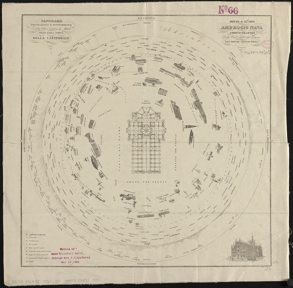             Panorama orografico e pittoresco della città e contorni di Milano preso dalla somità della cattedrale          