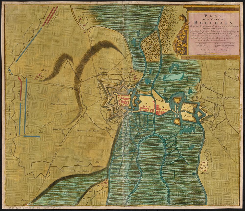             Plan de la ville de Bouchain situé sur les rivieres de la Sensette, et de l'Escaut, dans le comté de Hainaut :…