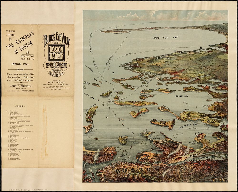             Bird's eye view of Boston Harbor and south shore to Provincetown showing steamboat routes          