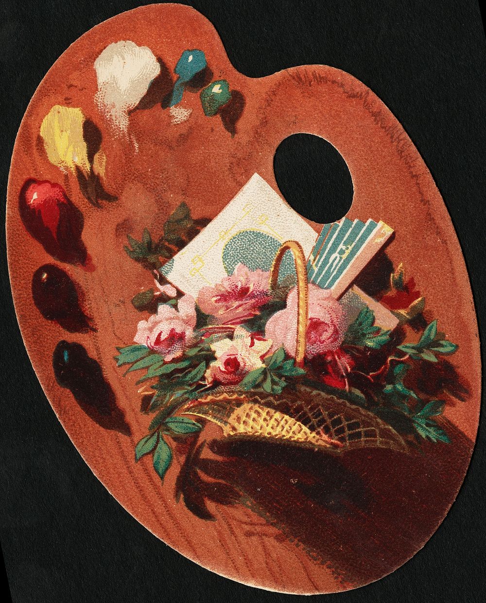             A basket full of flowers, with a fan folded in it.          