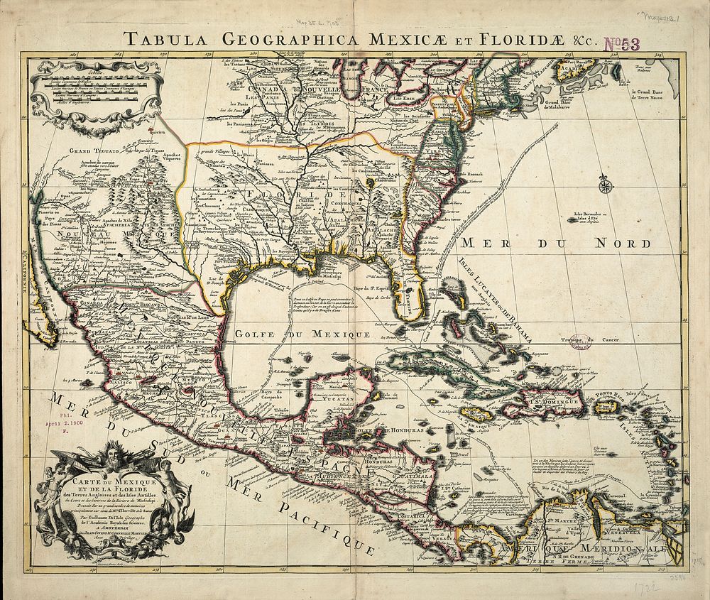             Carte du Mexique et de la Florida : des terres angloises et des Isles Antilles, du cours et des environs de la…