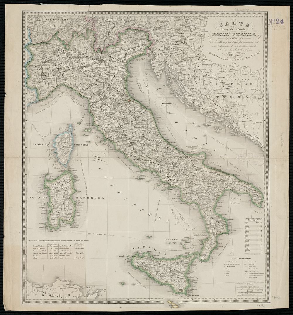             Carta geografica e postale dell' Italia ridotta dalle migliori carte fin' ora esistenti coll' indicazione di…