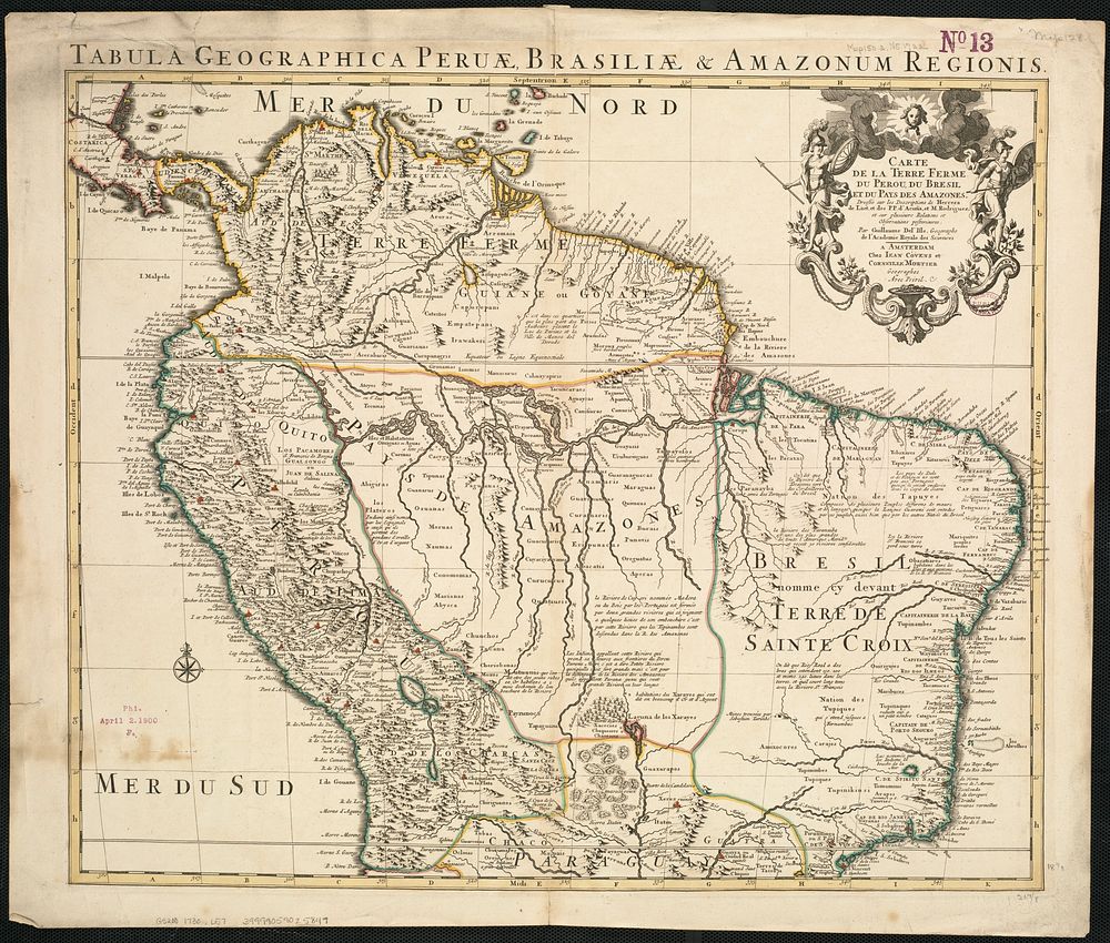             Carte de la Terre Ferme, du Perou, du Bresil et du Pays des Amazones : dressée sur les descriptions de Herrera…
