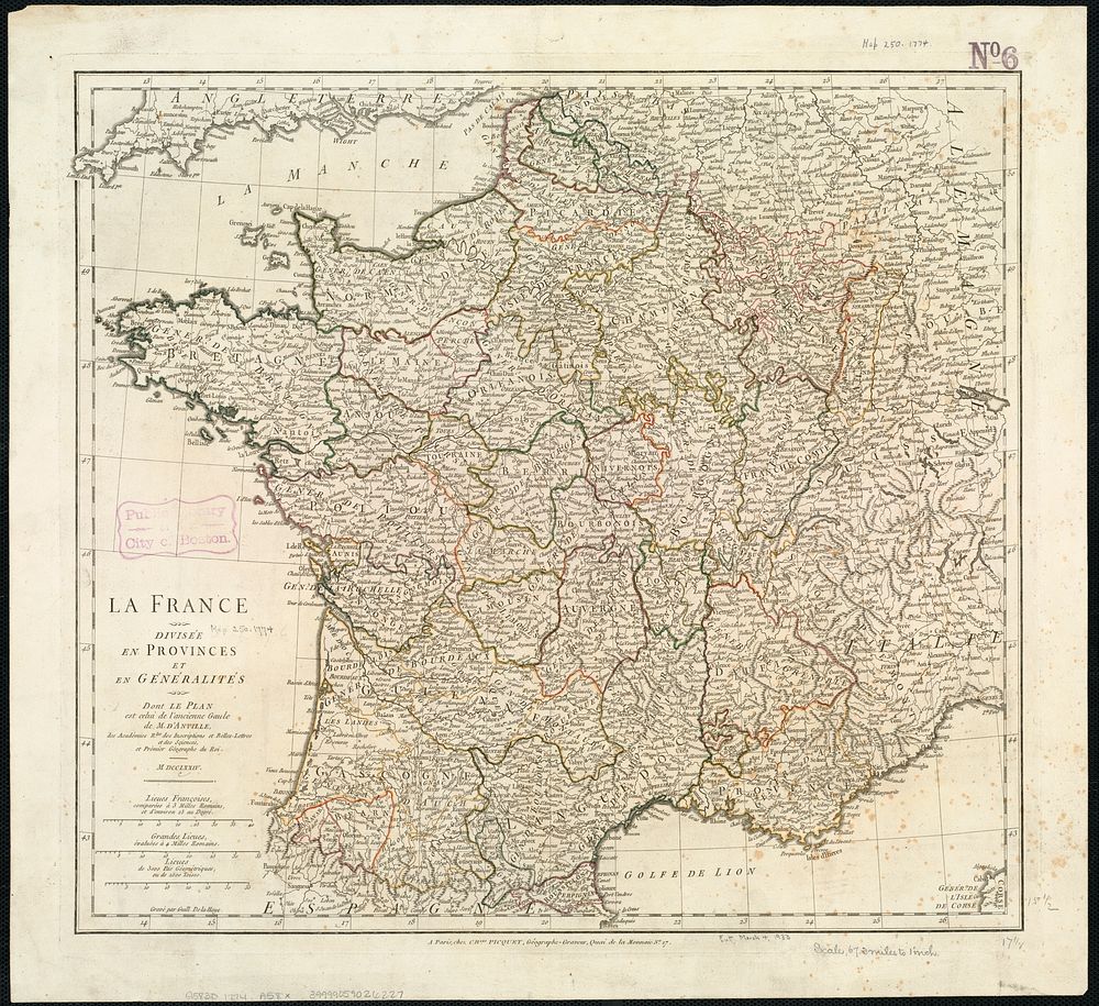             La France divisée en provinces et en généralités : dont le plan est celui de l'ancienne Gaule          