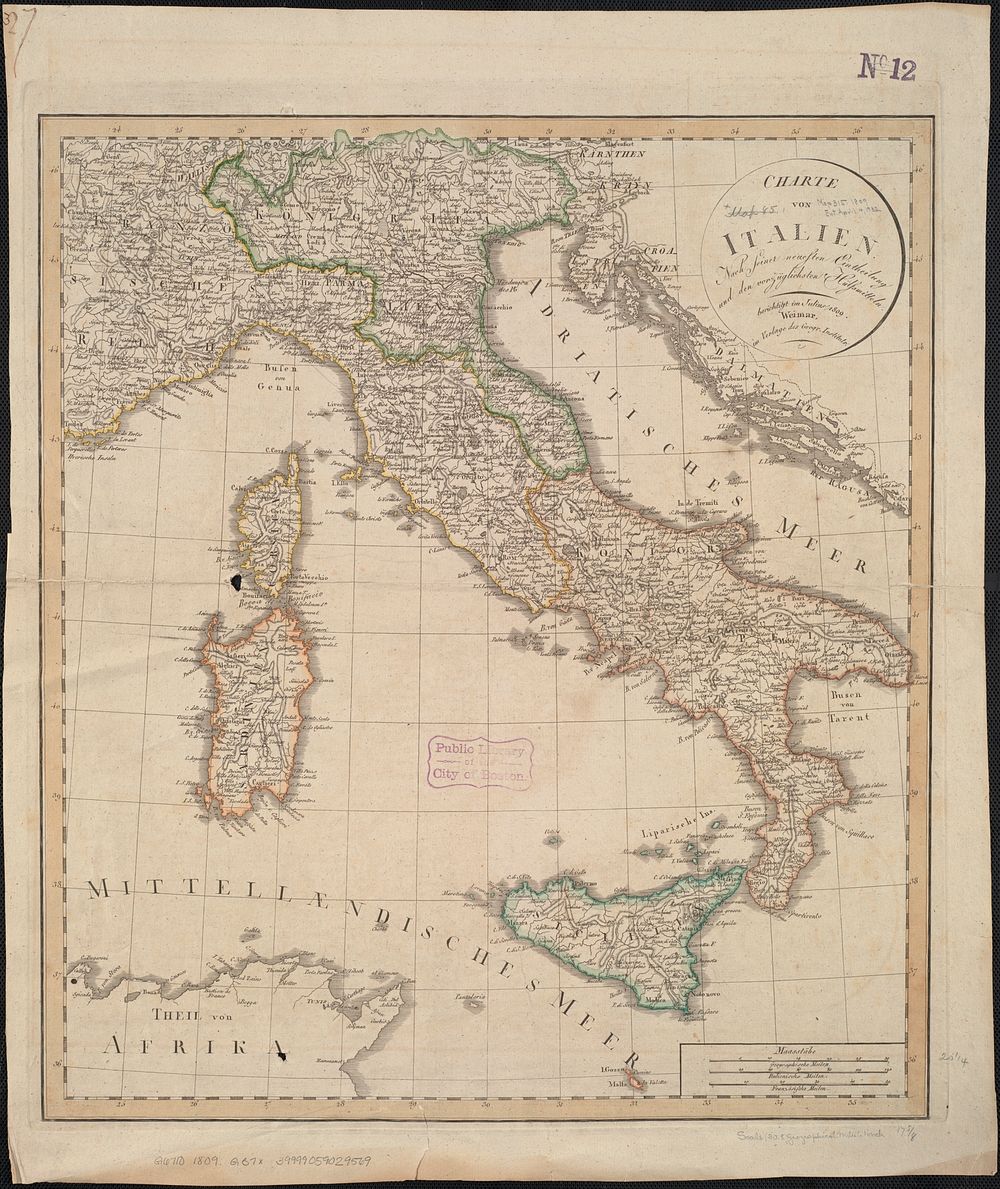             Charte von Italien : Nach seiner neuesten Eintheilung und den vorzüglichsten Hülfsmitteln          
