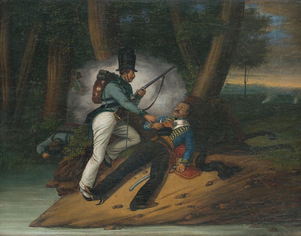 Battle scene (based on the painting death of general valhubert during the battle of slavkov), Jean Francois Pierre Peyron