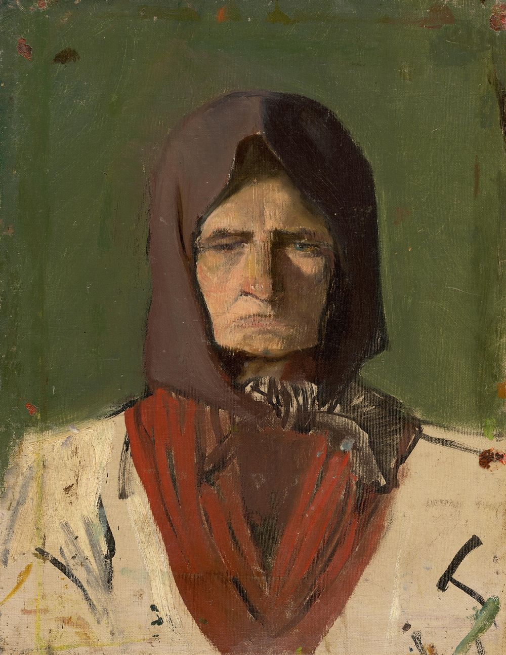 Head of a villager in a dark scarf by László Mednyánszky