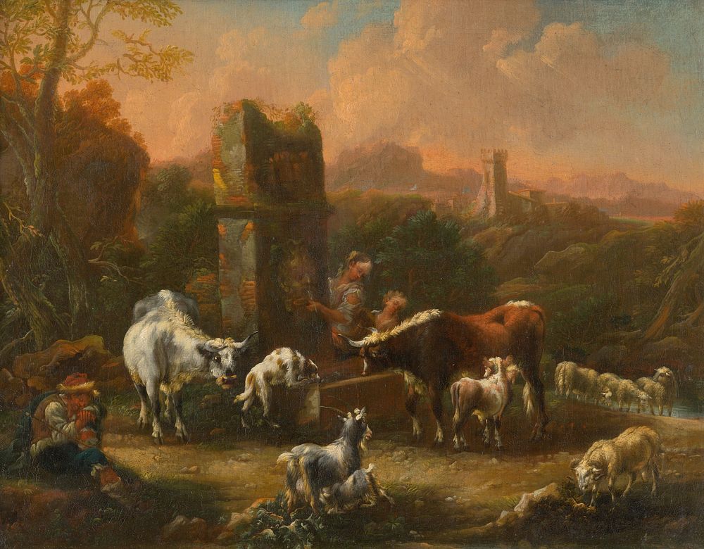 Pastoral idyll in the romantic landscape with ruins, Philip Peter Roos