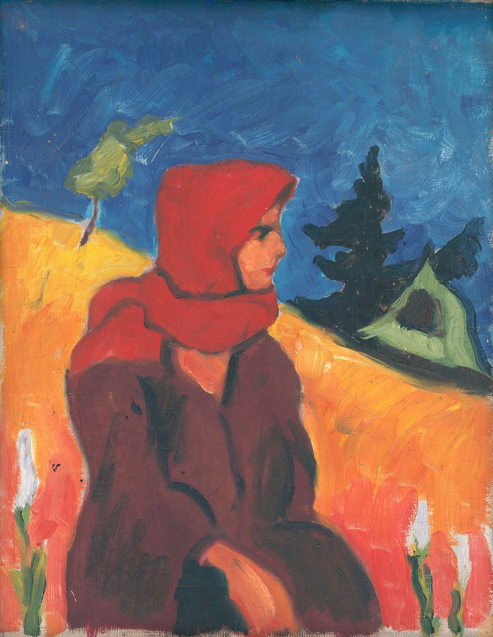 Village girl in a red scarf by Zolo Palugyay