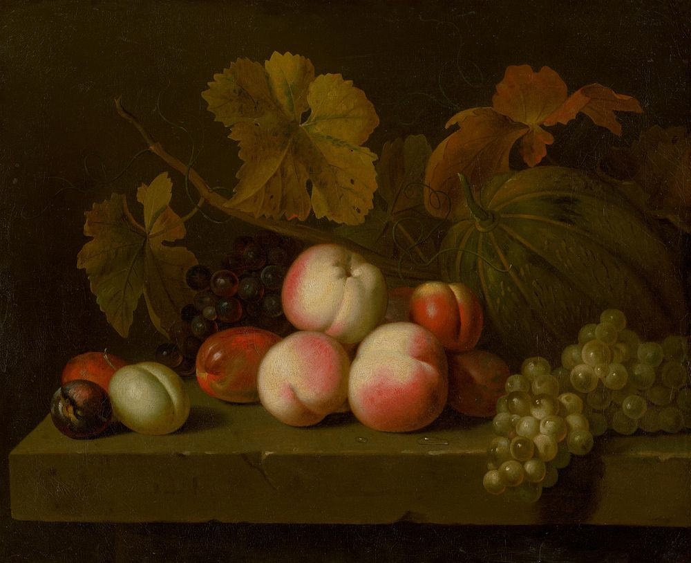 Still life with peaches, grapes, plums and melon, Jakub Bogdan