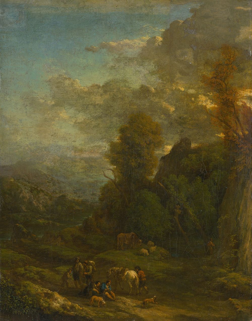 Evening landscape with travelers, Cornelis Huysmans