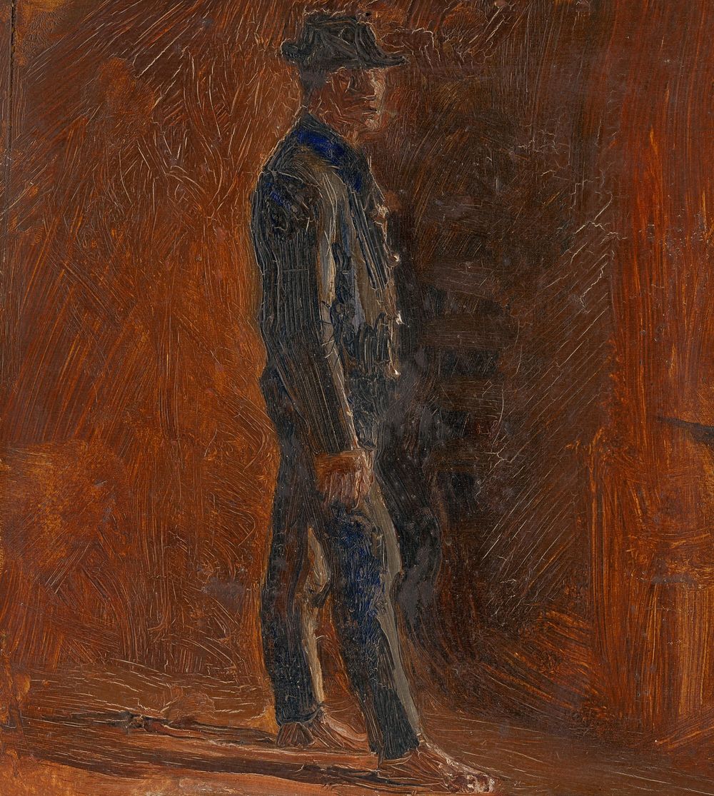 Man standing barefoot with a hat by László Mednyánszky