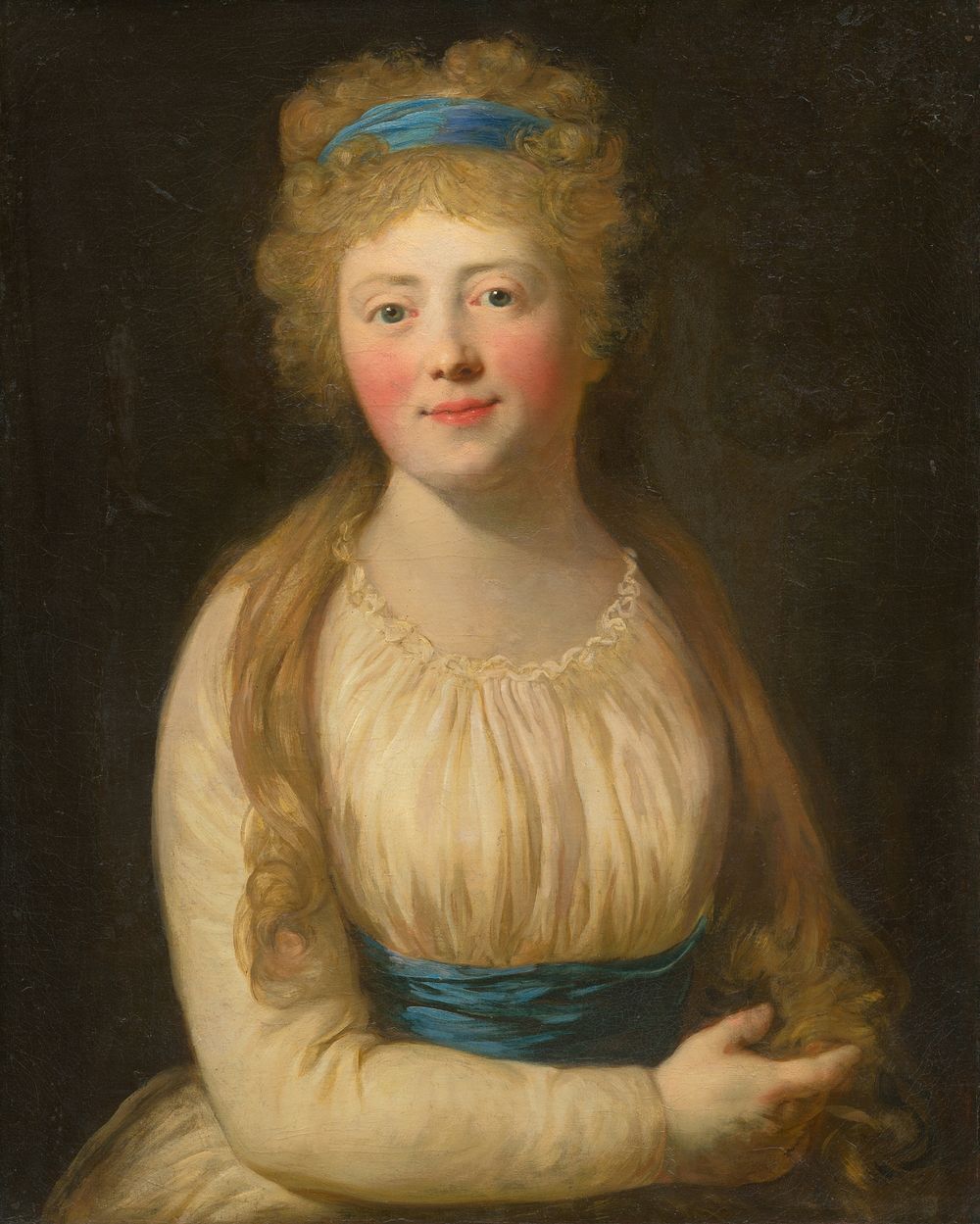 Portrait of a woman in pale clothes with a blue ribbon in her hair