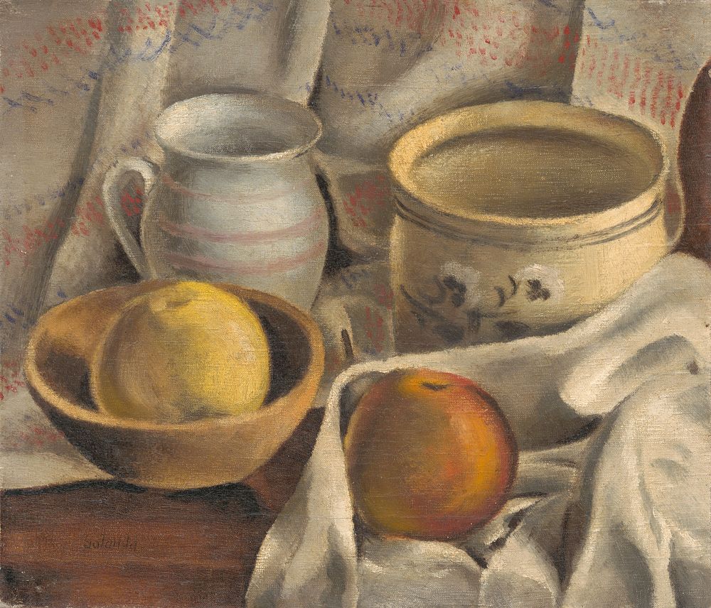 Still life with ceramic pots and apples by Mikuláš Galanda