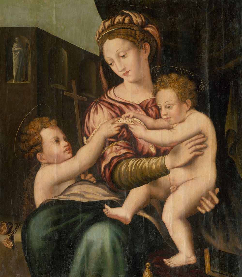 Sitting madonna with child and saint john the baptist