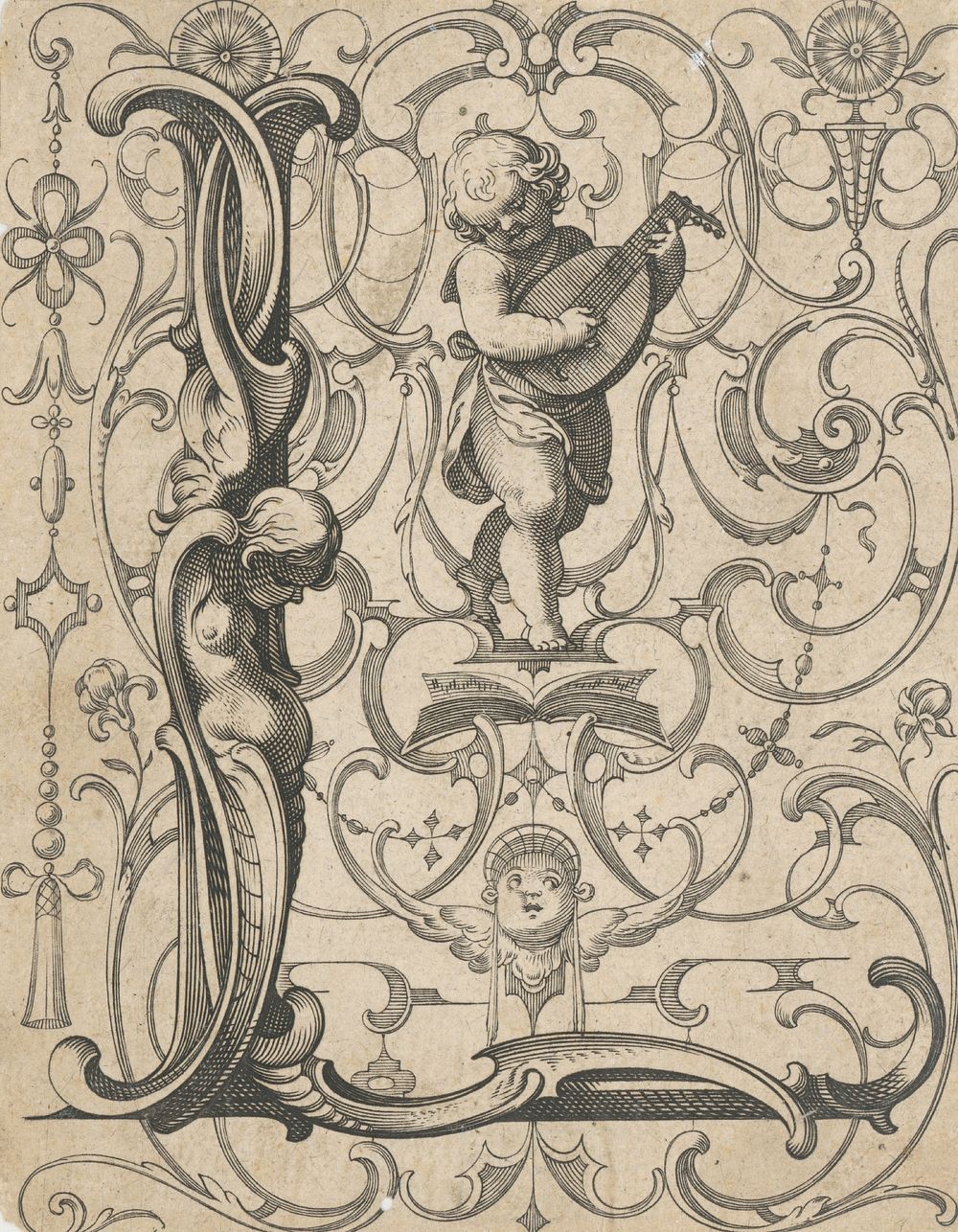 Initial l with putto playing the lute