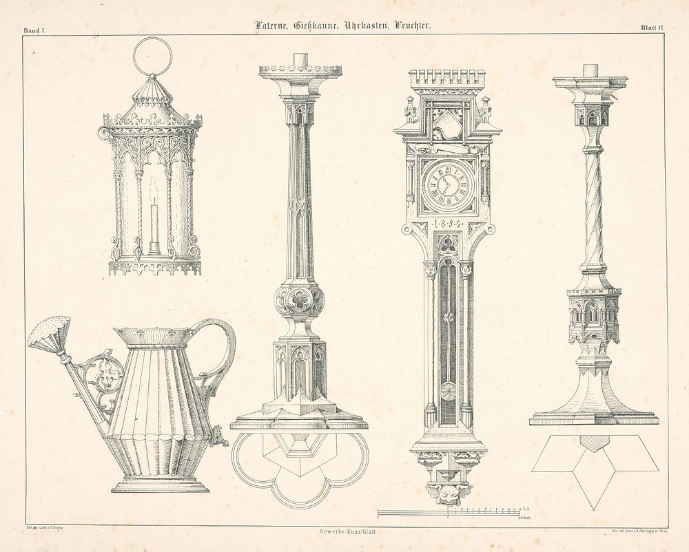 Design for a lantern, kettle, clock, candlesticks (from the gewerbe kunstblatt series)