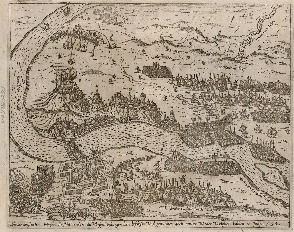 View of ostriho and štúrovo with the siege in 1594