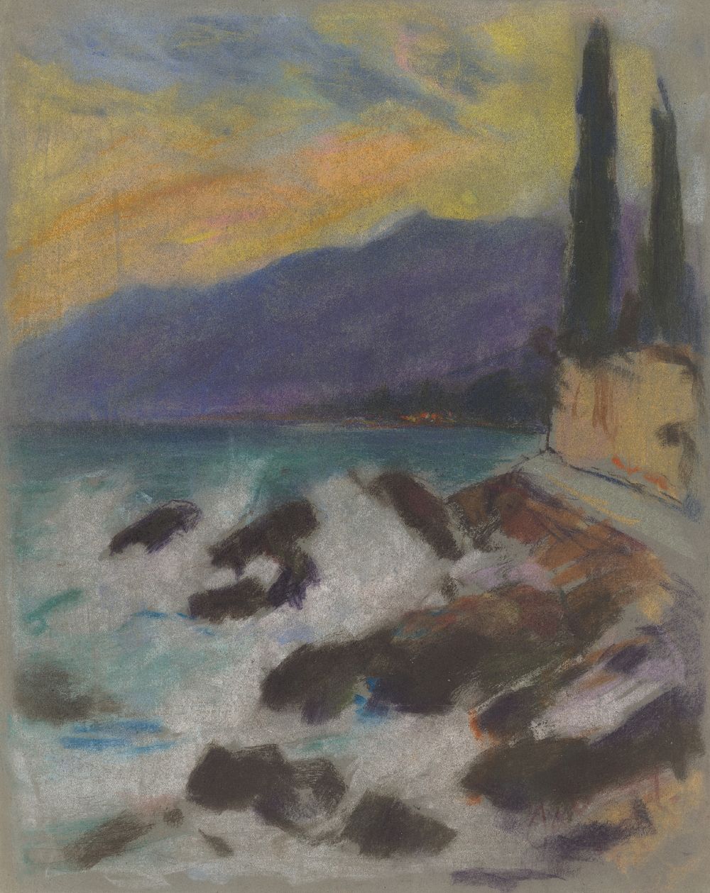 Rocky seashore with cypresses by Zolo Palugyay