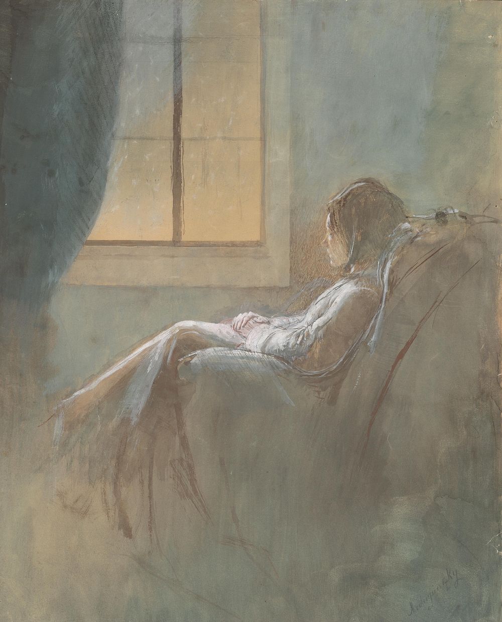 Old woman sitting by László Mednyánszky
