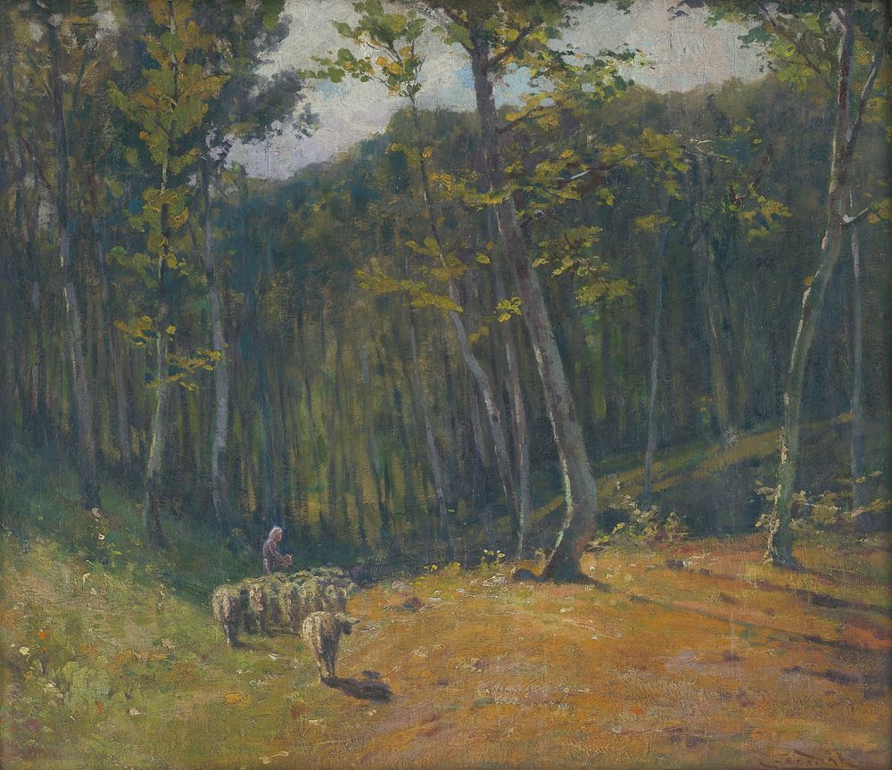 Forest with sheep by Lajos Csordák