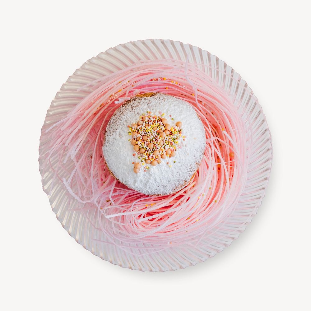 White glaze donut on a pink sugar nest