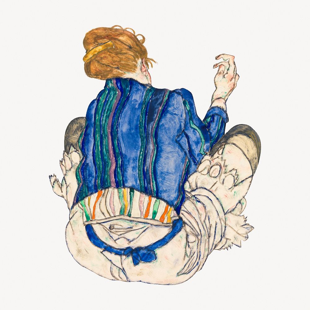 Seated Woman, Back View by Egon Schiele, line art drawing. Remixed by rawpixel.