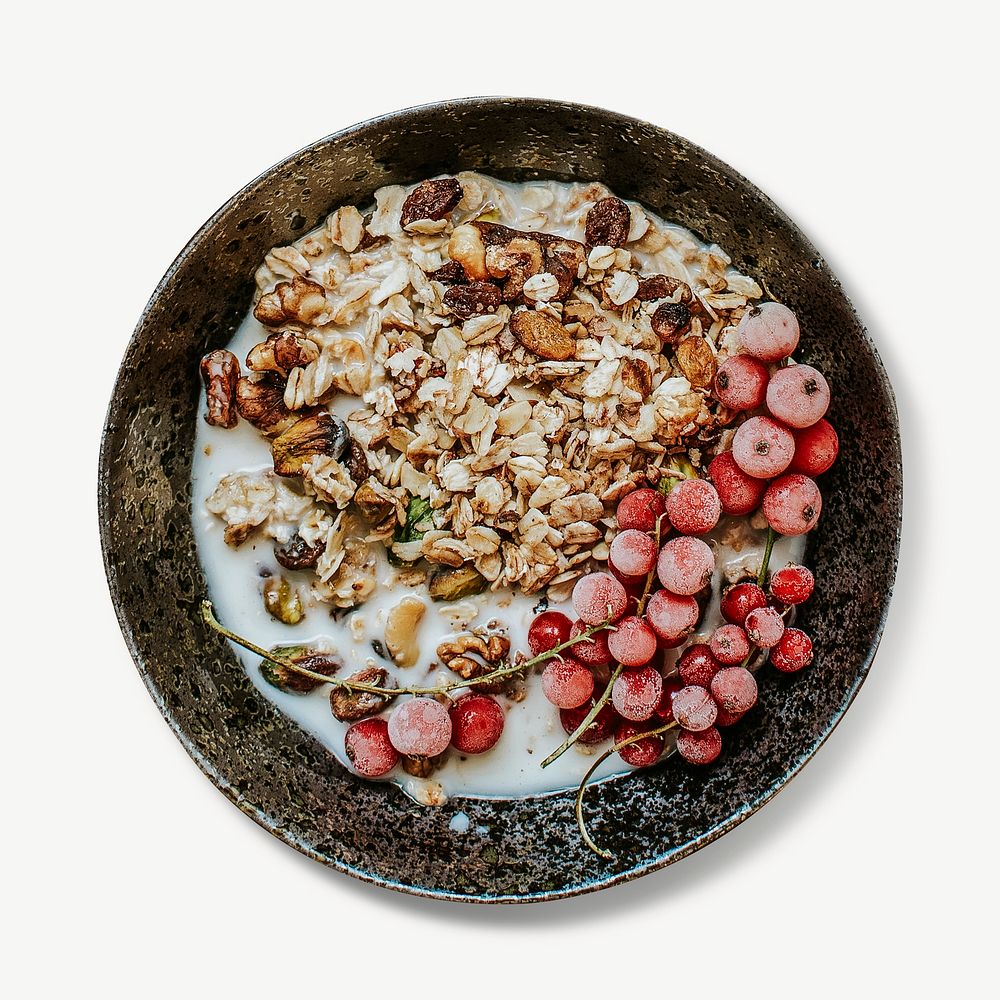 Granola collage element, soy milk and red currants psd