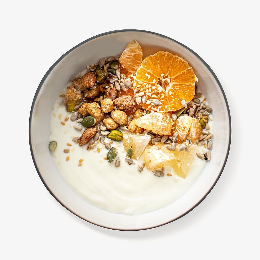 Citrus yogurt with caramelized nuts isolated design