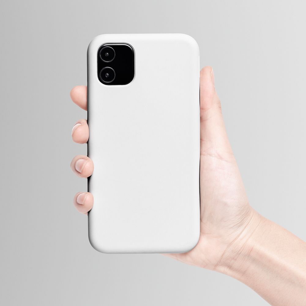 White mobile phone case psd mockup in hand product showcase