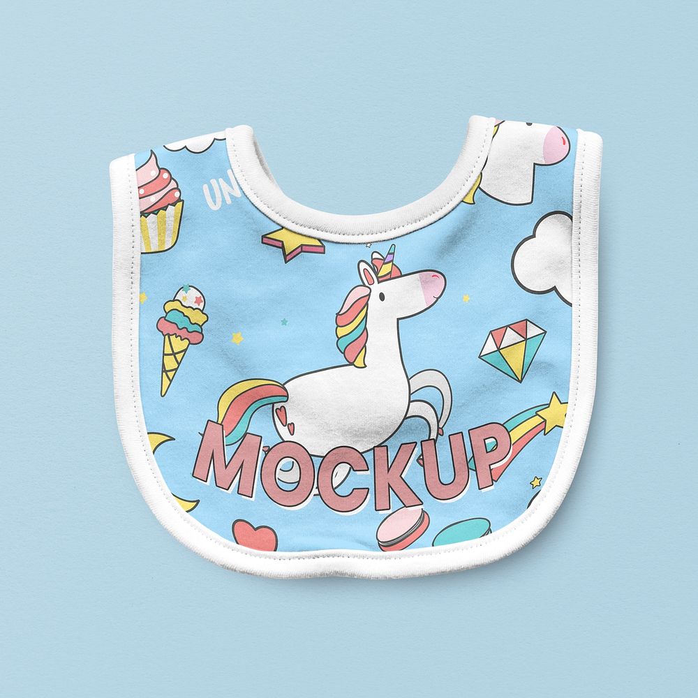 Cute baby bib mockup psd, unicorn print kids accessory