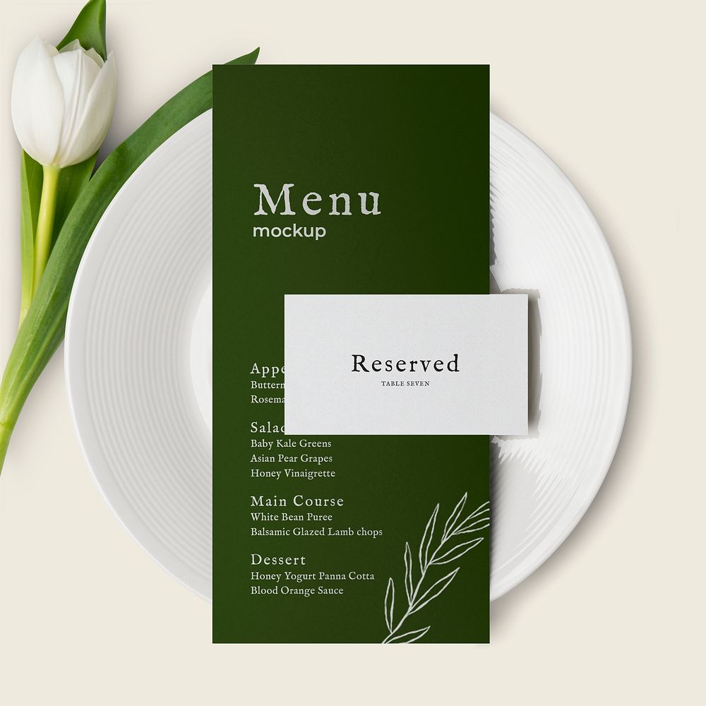 Wedding menu card mockup, flat lay, white and green design, psd
