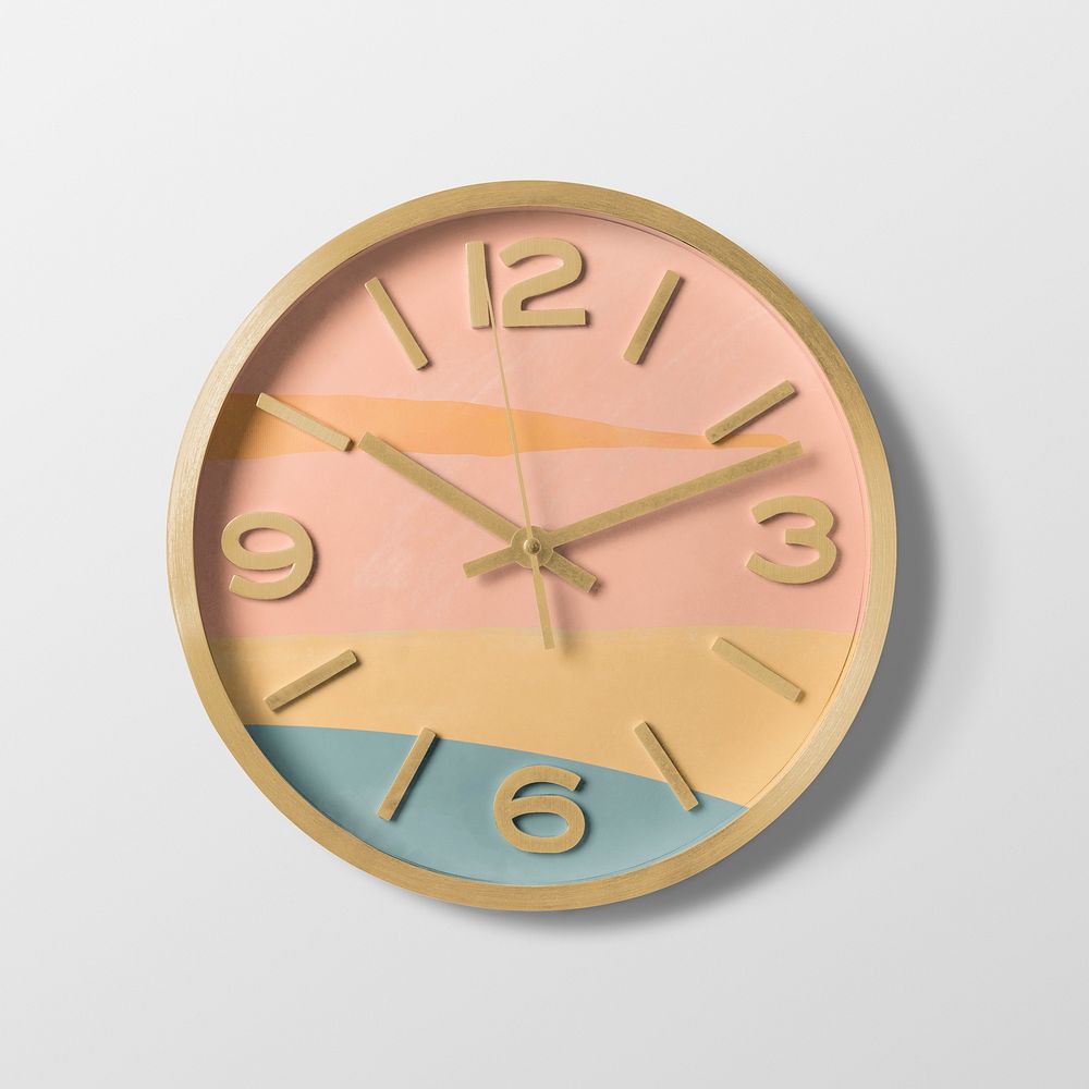 Round clock mockup, realistic wall decoration in pastel design psd