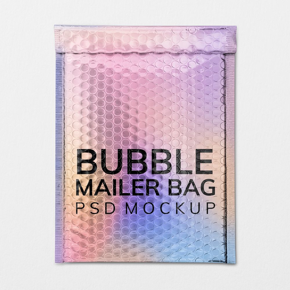 Bubble mailer mockup, holographic shipping product packaging design psd