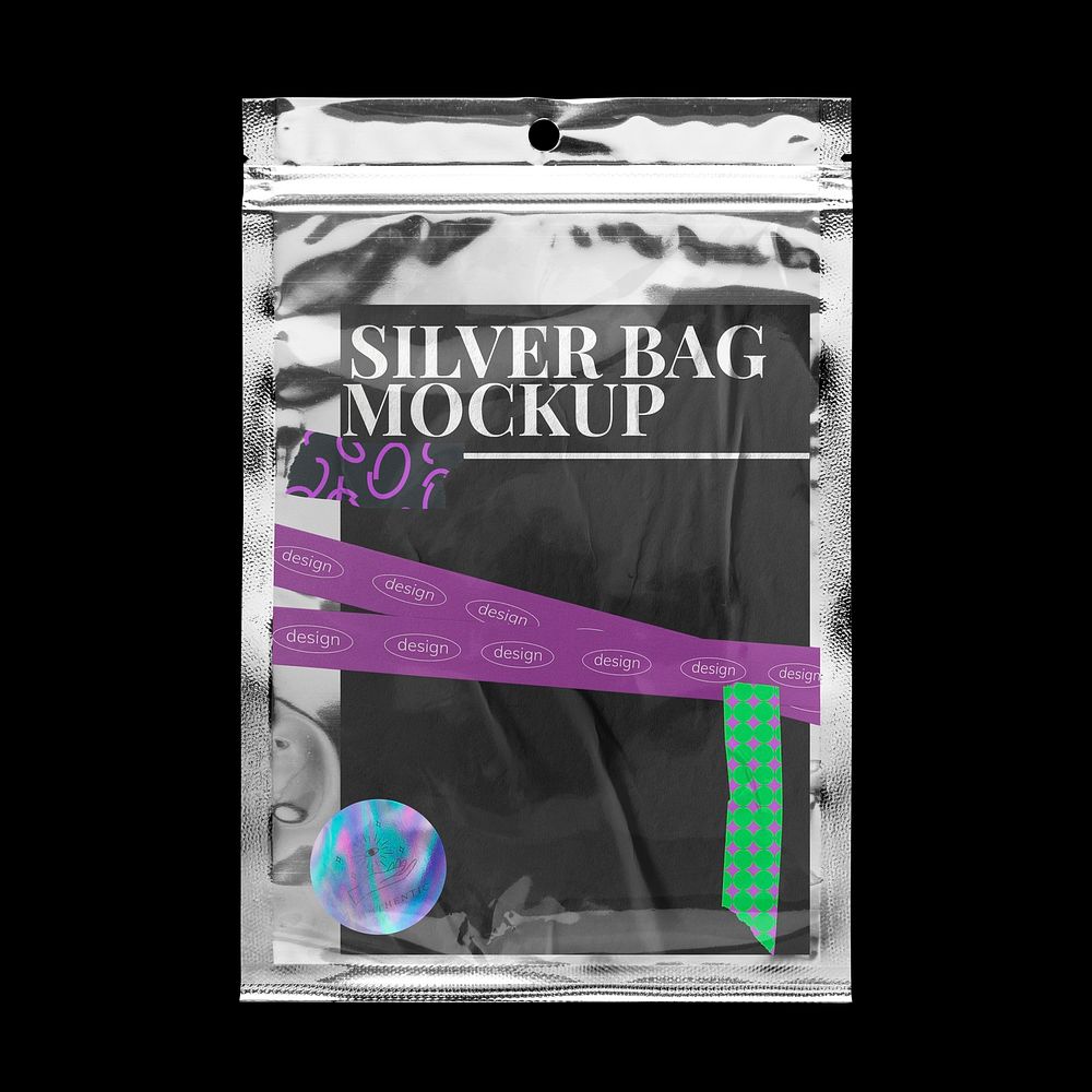 Silver zip bag mockup, product packaging design psd