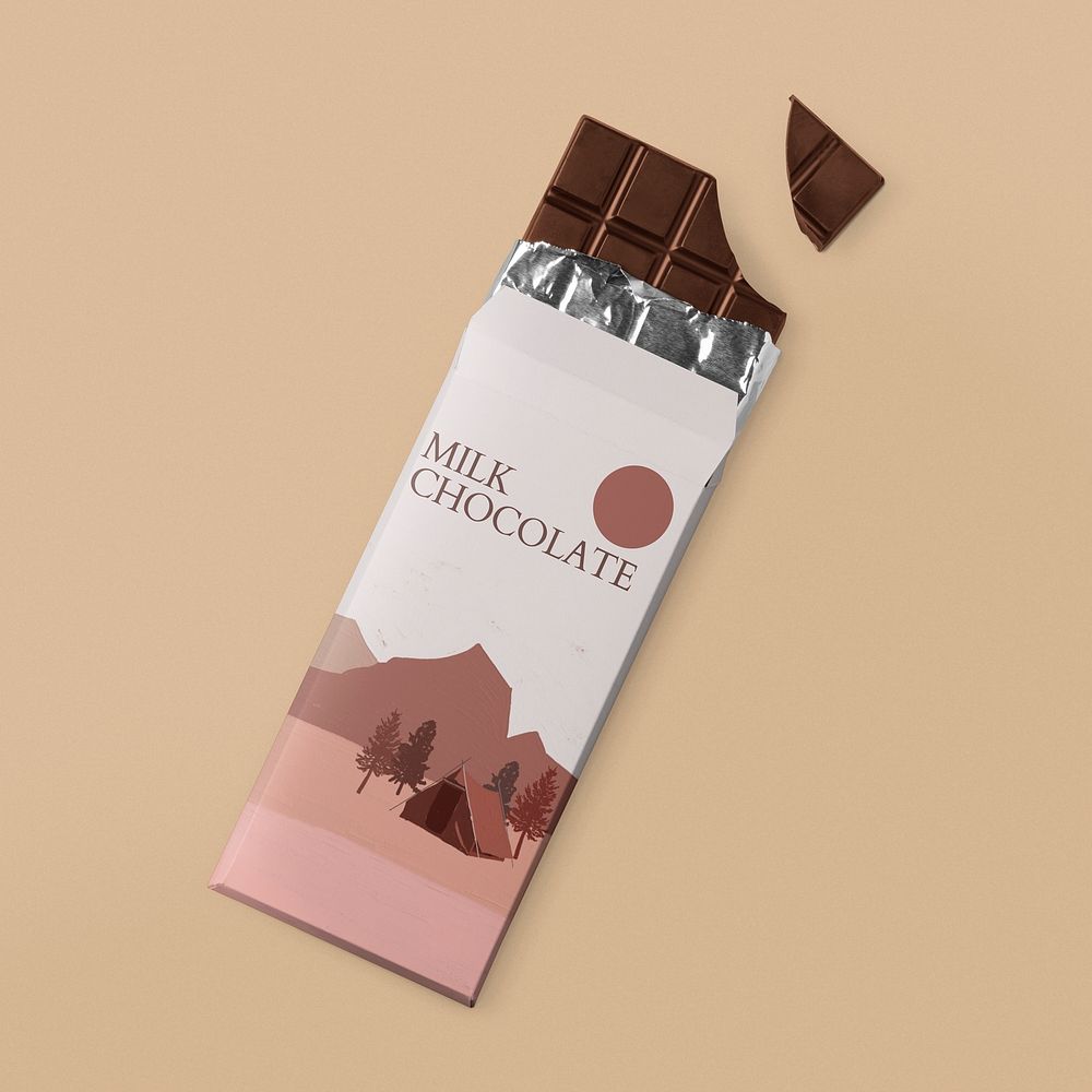 Chocolate bar mockup, food packaging, aesthetic design psd