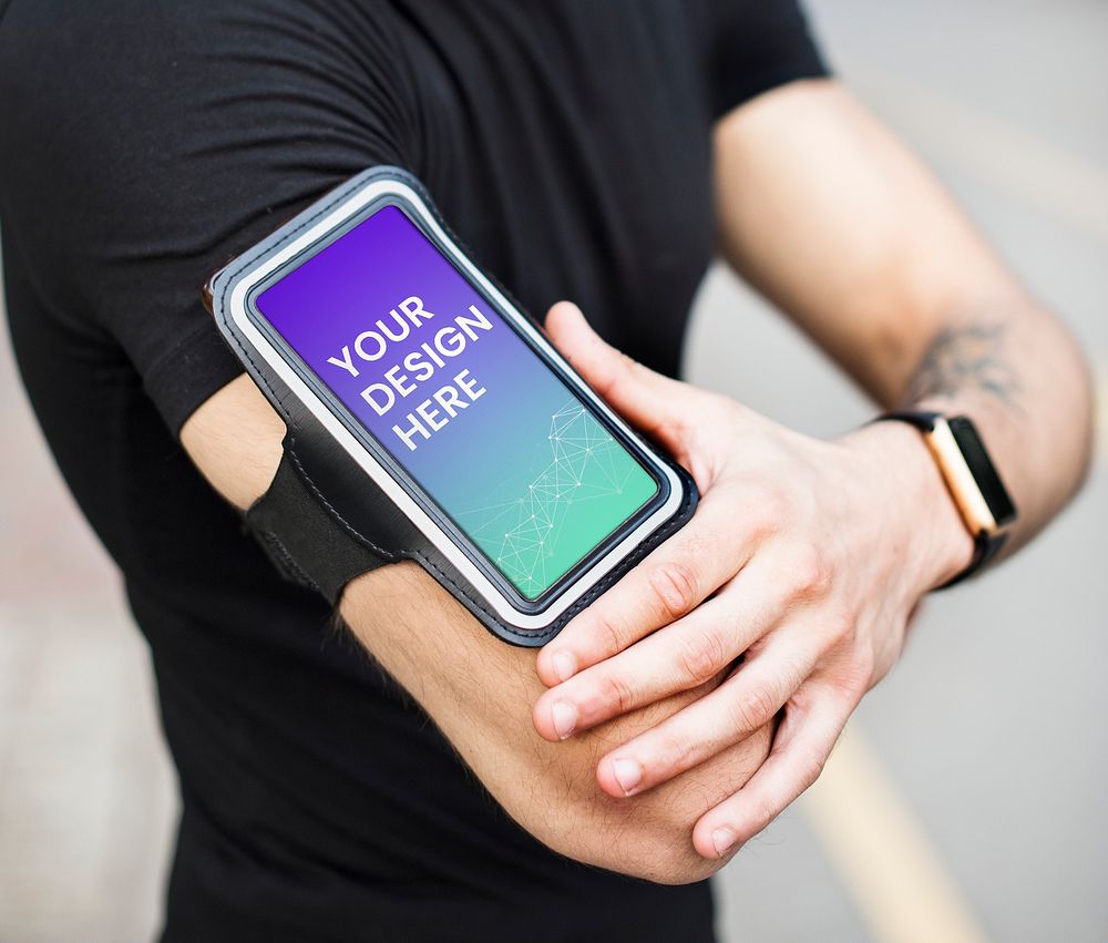Active man with a phone mockup in an armband